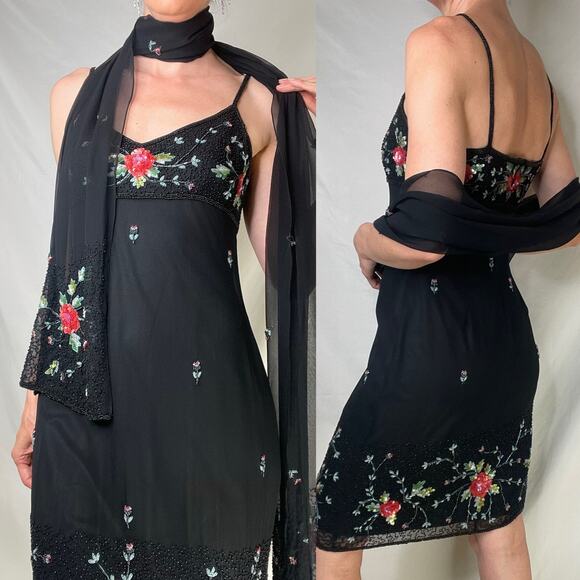 Sue Wong beaded silk floral slip dress with matching scarf wrap Nocturne 6 - Picture 15 of 17